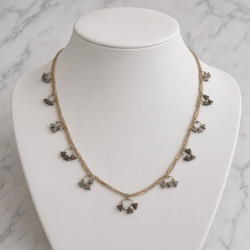 Vintage Mixed Metal Necklace Gold Tone Bar Links Triangle Charm Clusters